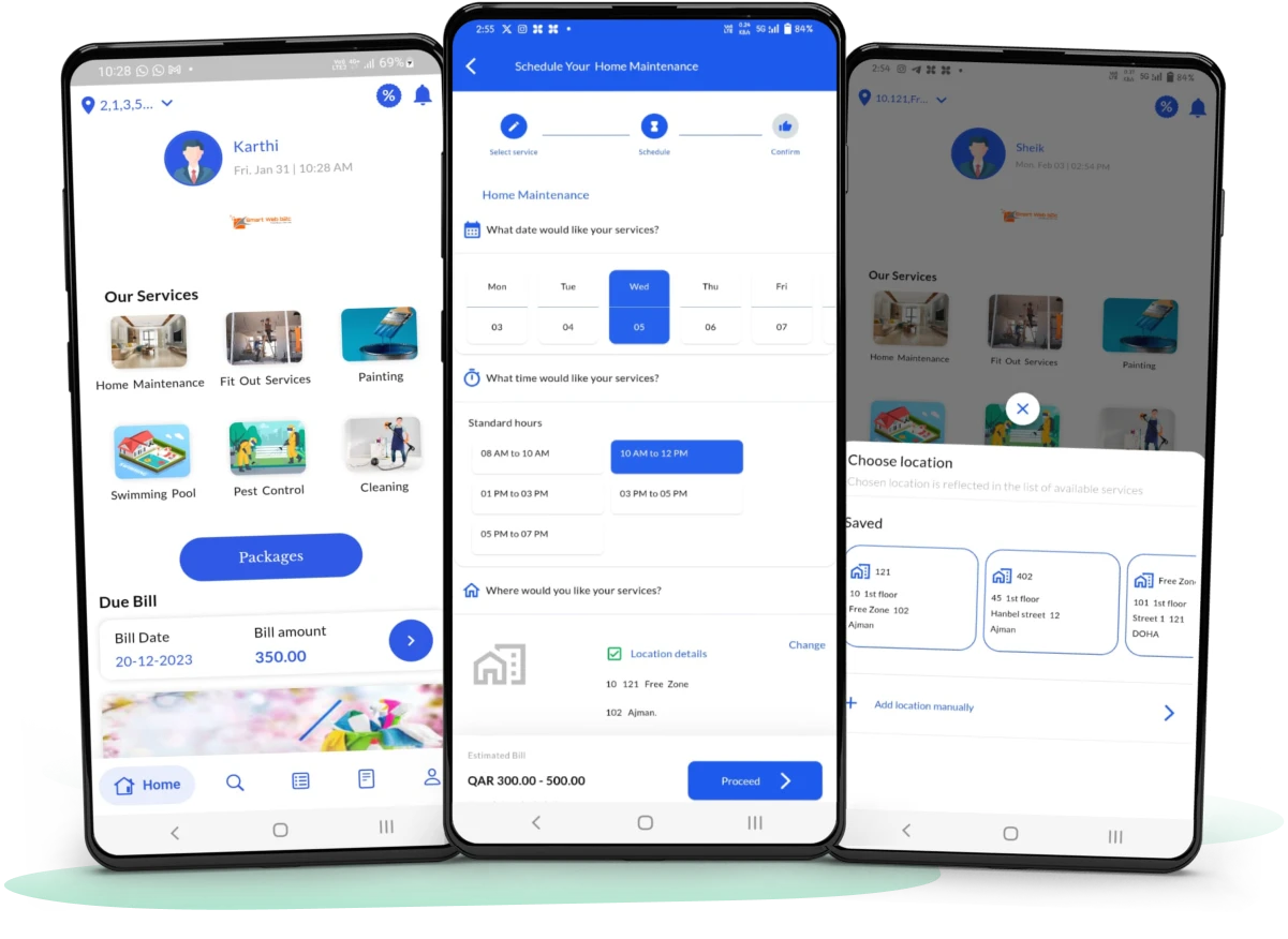 Home maintenance app features including address management, scheduling, feedback and service tracking